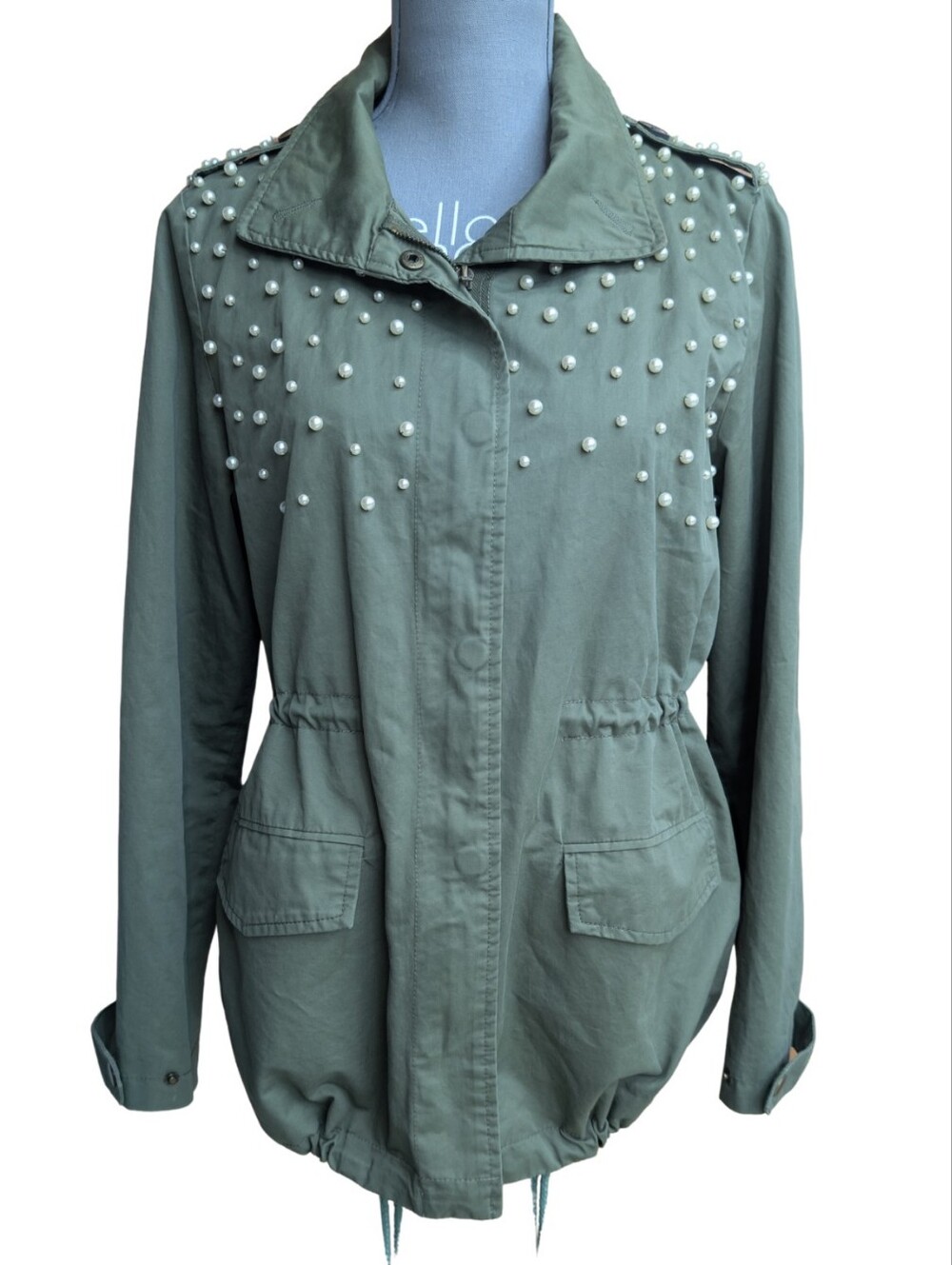 TOV Holy Pearl Embellished Military Utility Jacket Army Olive Green 40 Medium